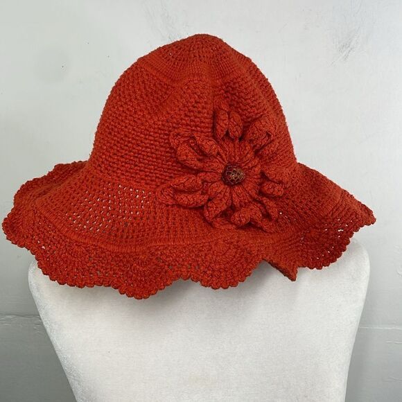 Nonson Crochet Knit Orange Hat with Crochet Flower - Picture 2 of 10